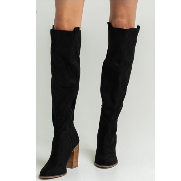 Black faux Suede chunky heel Knee high Boot - Picture 7 of 8